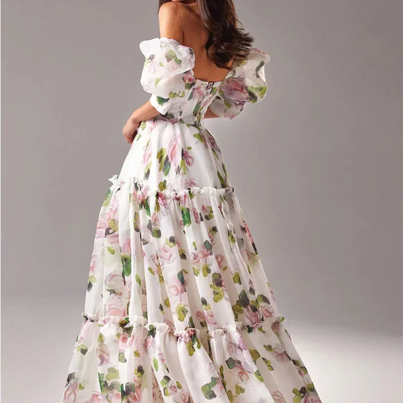 Elegant Women's Summer Floral Printed Long Dress Sexy Backless Short Sleeve Beach Sundress Boho Evening Party Maxi Dresses