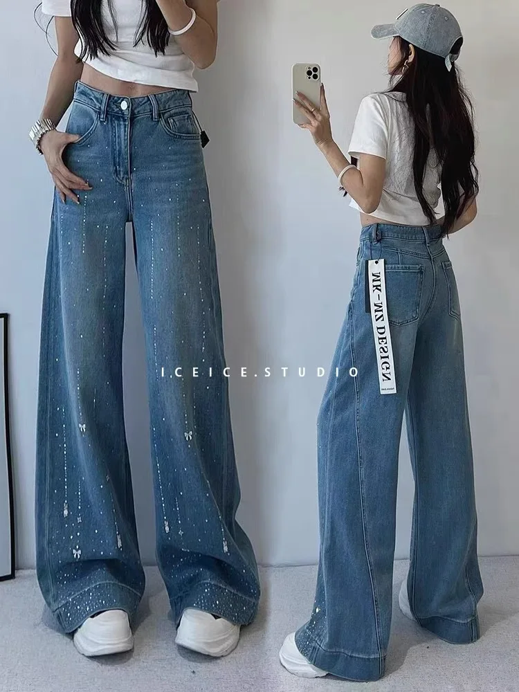 

Denim Pant Women Jeans Vintage Wide Leg Long Pants Hot Drilling Bow High Waist Straight Trousers Y2k Streetwear Work Casual 2026