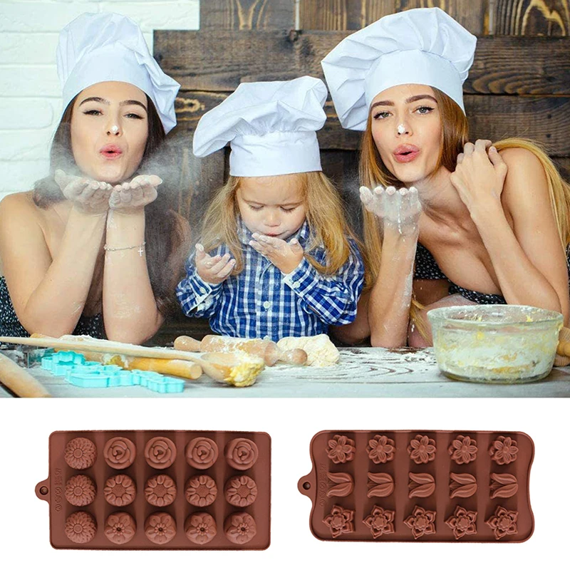 15 Cavity Chocolate Molds Rose Flower Chocolate Mould Waffle Candy Ice Cube Jelly Handmade Soap Cake Decoration Baking Mold