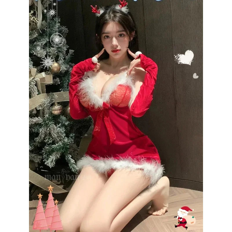 Conjunto de ropa interior roja de Año Nuevo, pijamas de felpa navideños, uniforme de Papá Noel, ropa de juego de rol, mini ropa interior para mujer