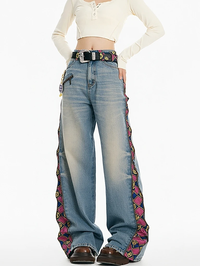 

American Design High Waist Wide Leg Jeans Women's Spring New Sle Retro Zipper Splicing Long Pants Floor-Length Trousers