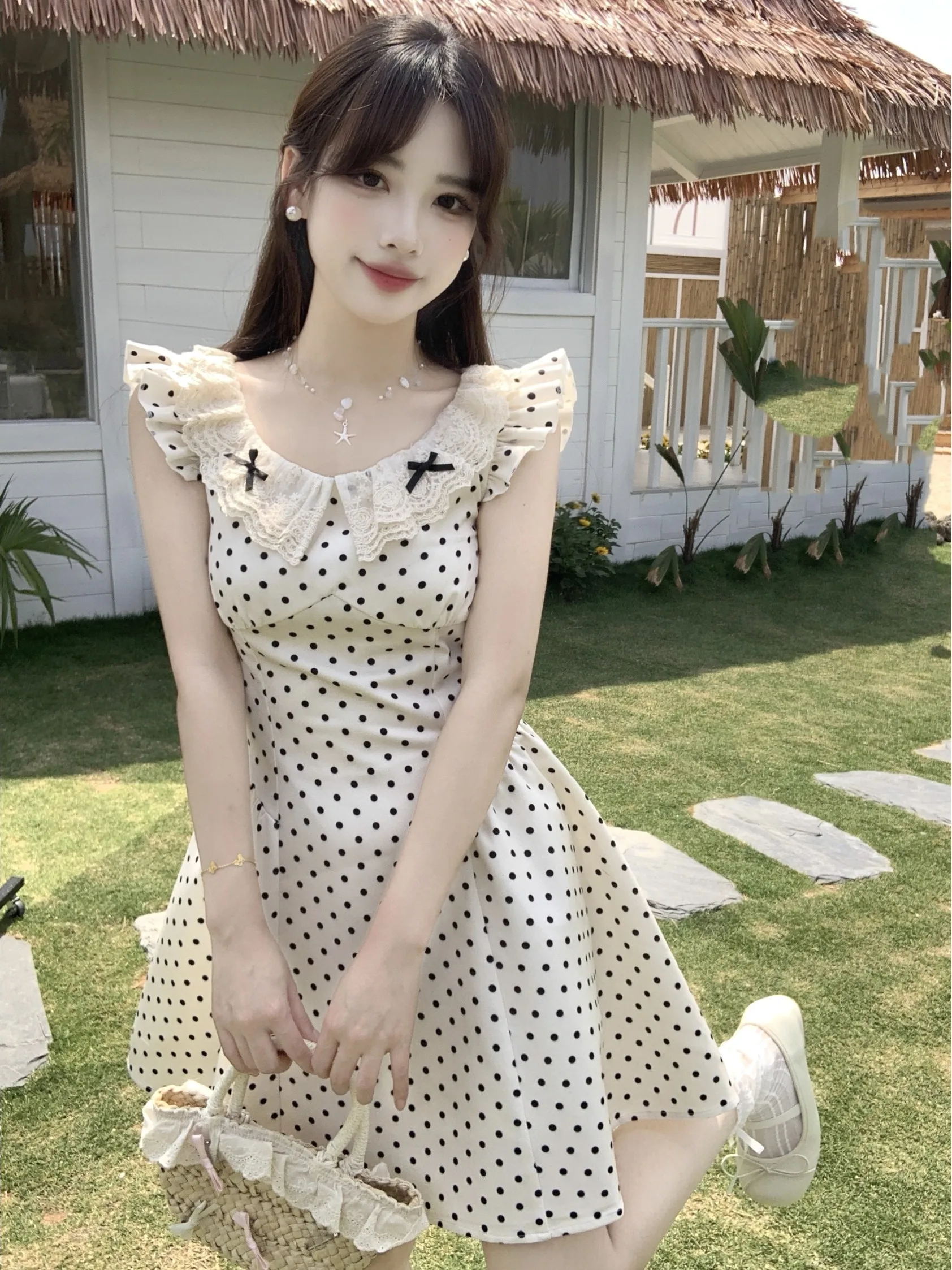 

plus Size Women's Dress Floral Lace Collar A-Line Skirt Waist Cinching Summer New Style Commute Korean Style Knot
