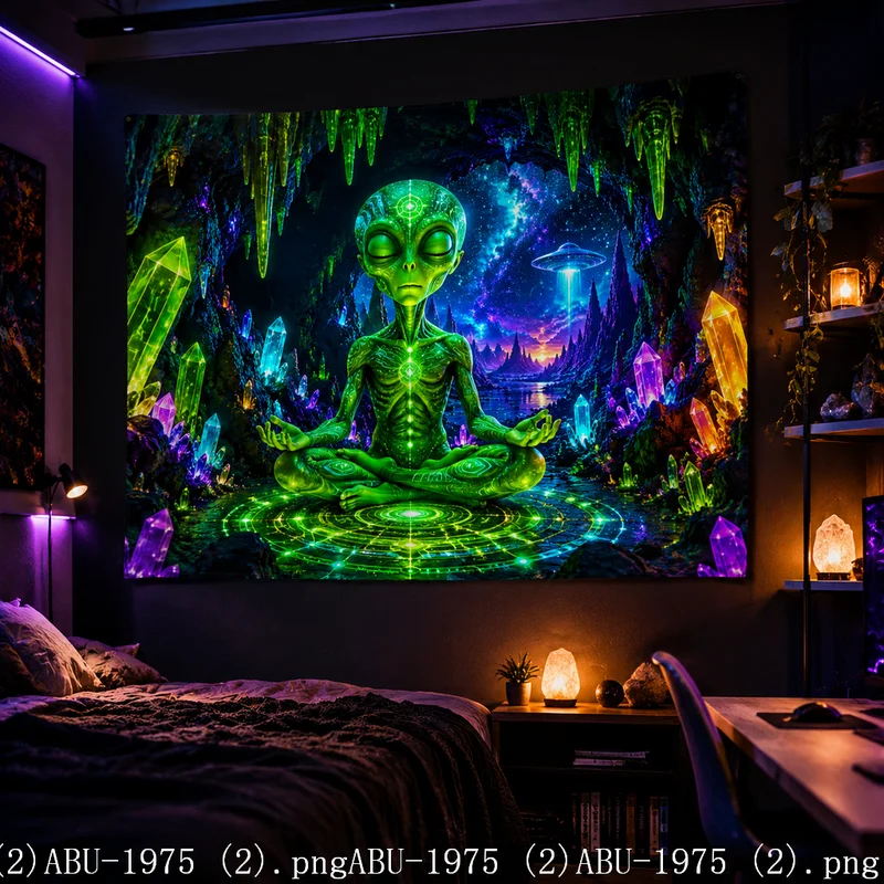 VIKAMA Trippy Cosmic Alien Wall Tapestry Neon Glowing Crystal Cave UFO Pattern Lightweight Fabric Banner Indoor Dorm Bar Decor