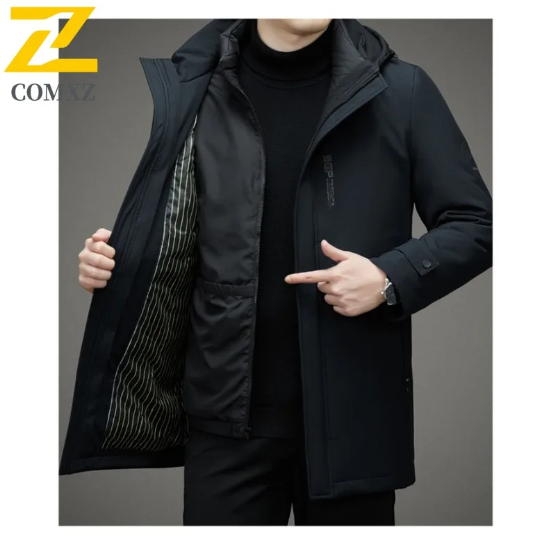 COMXZ 2025 Men Thick Hooded solid color Coat Winter Autumn Street Puffer Coat Versatile Casual Padded Cross Border windbreaker