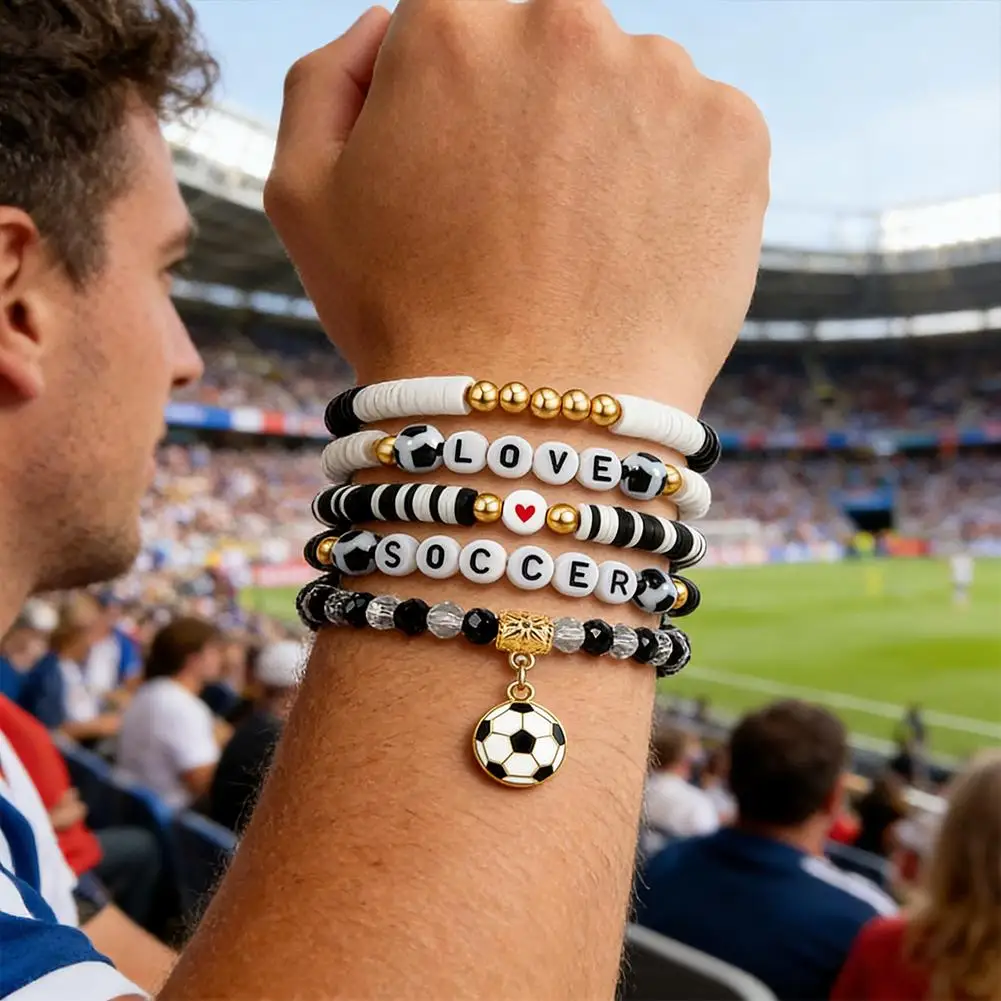 5/3pcs Love Soccer Bracelets Stackable Stretchy Sports Charm Bracelets For Boy Girl Soft Clay Craftsmanship Bangles Accessories