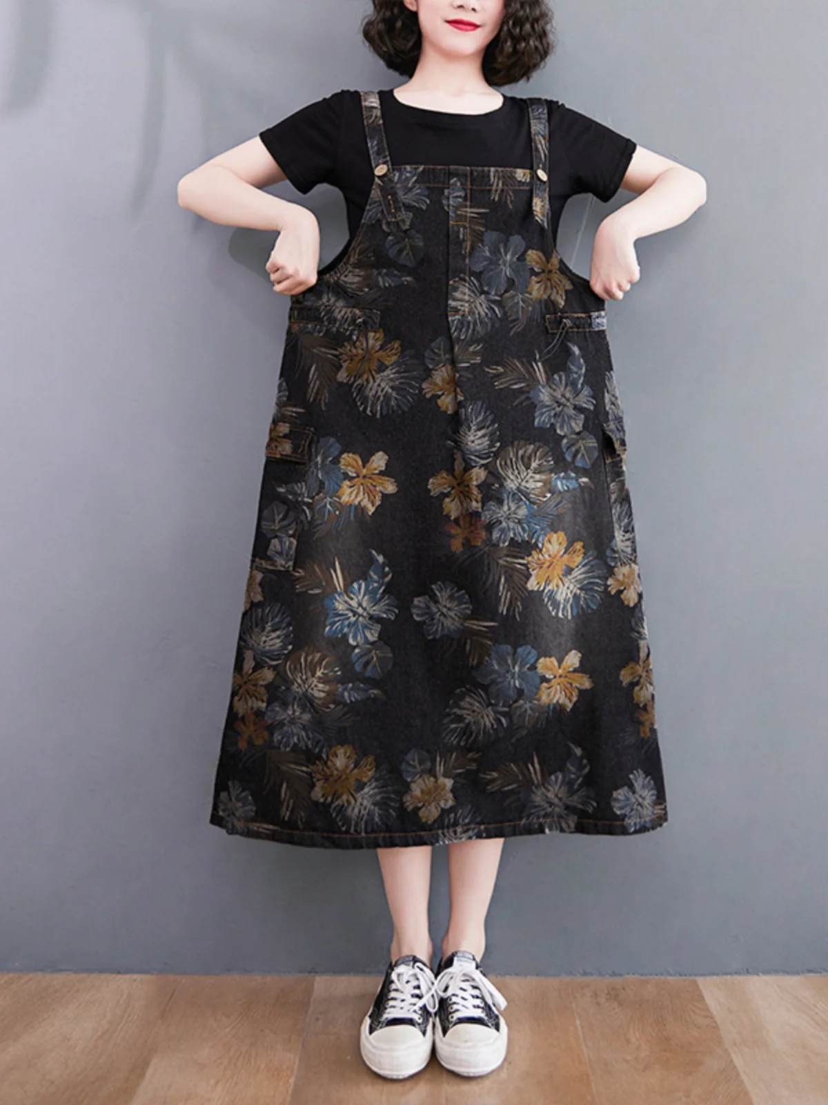 Faionable Youthful Floral Print Denim Overalls Dr Women Summer plus Size Conceal Meat Strap Midi Dr Svel Dr