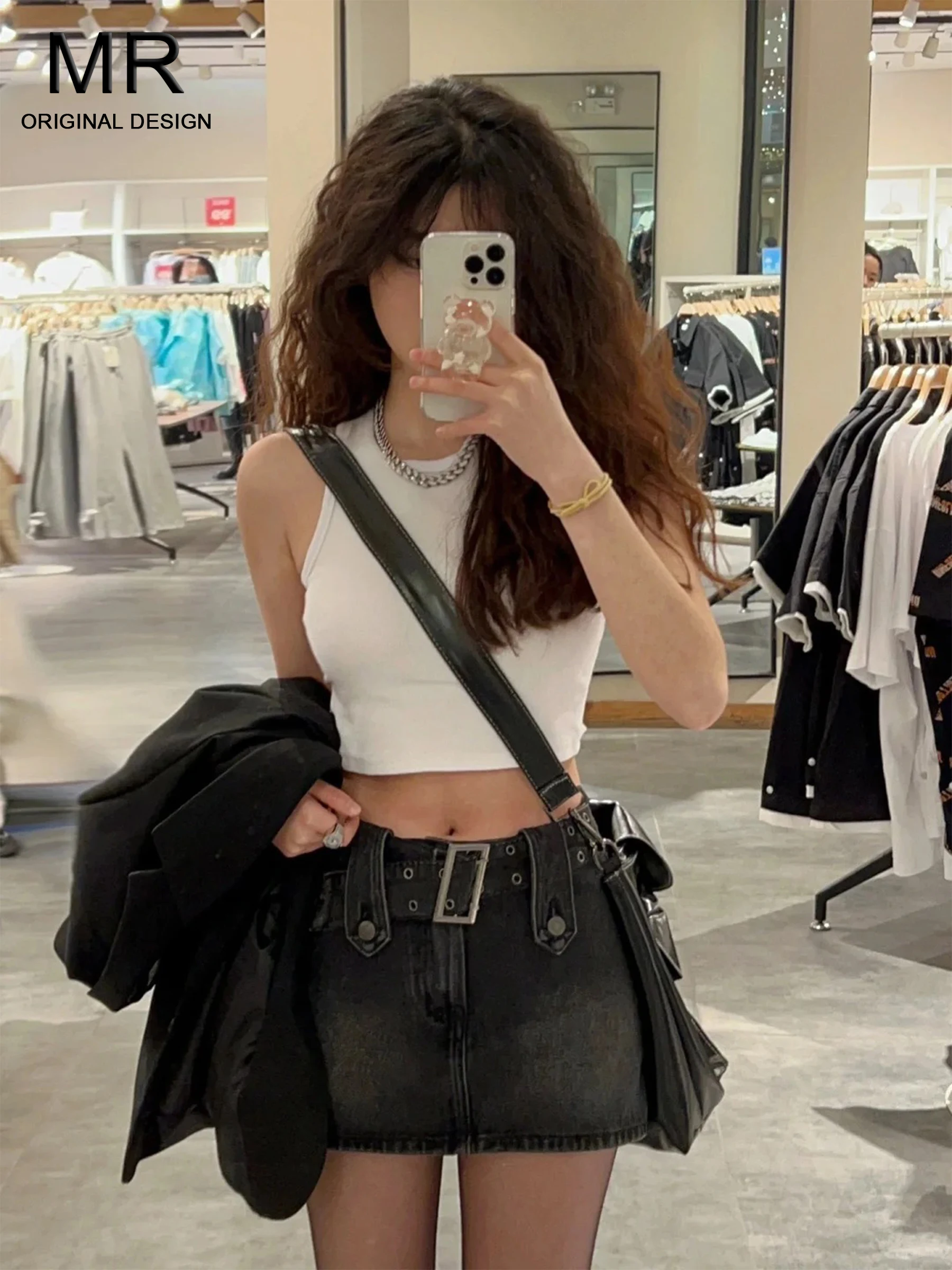 

Gray Denim Halter Neck Dress Women's Slim Fit Belt Design Summer Skirt Casual Style High Waist A-Line Skirt