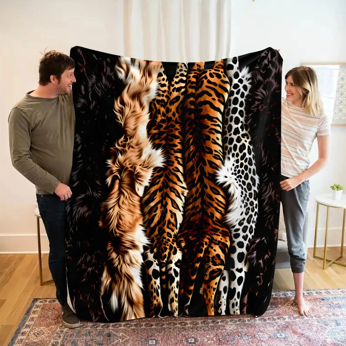 1pc Wild And Overbearing Tiger Stripes/Leopard Print/Fox Fur/Snow Leopard Spots Luxurious Plush Texture Flannel Blanket All-Seas
