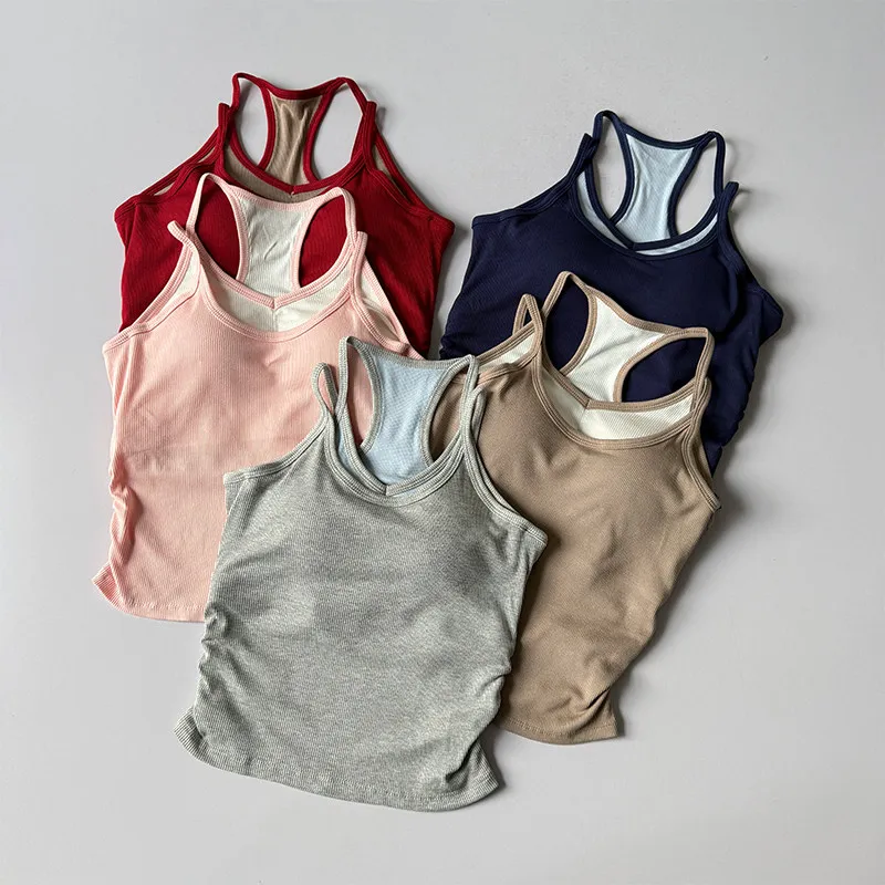 Women Fake Two Piece Cami Sports Top Built In Padded Beautiful Back Yoga Vest For Pilates Running Fitness Training