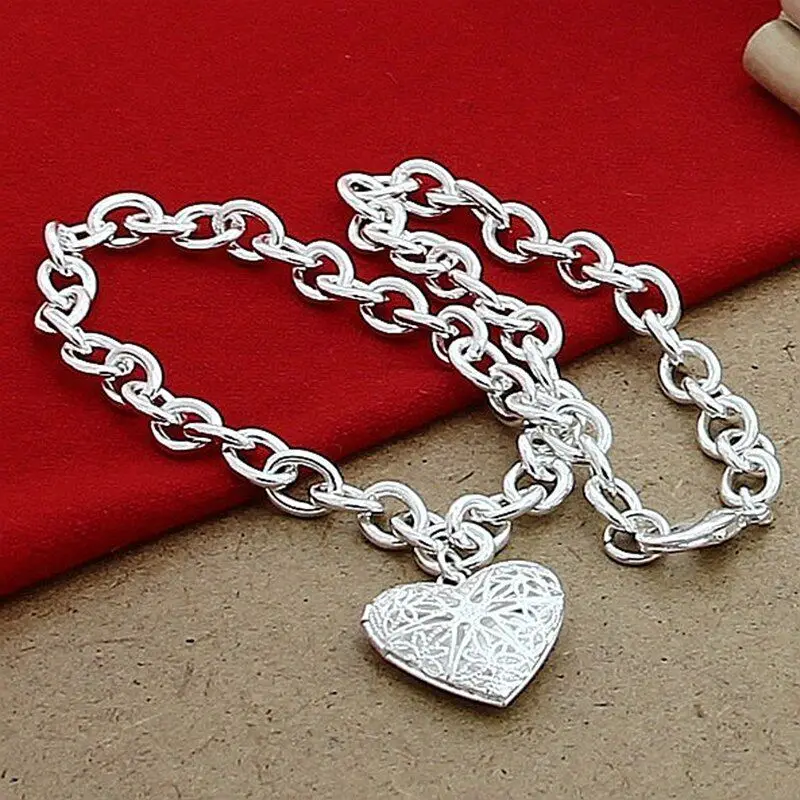 Precious Remembrance 925 Sterling Silver Photo Frame Heart Pendant Necklaces Chain Fashion Jewelry