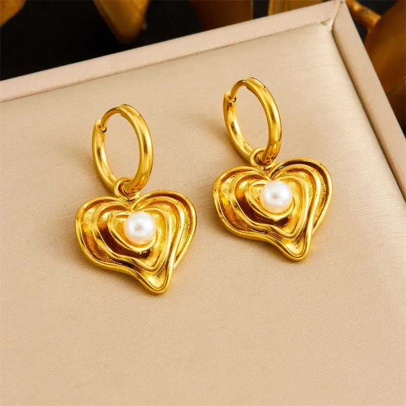 

Minar Trendy Imitation Pearl Irregular Multi Layers Metal Love Heart Hoop Earrings for Women Titanium Steel 18K Gold PVD Plated