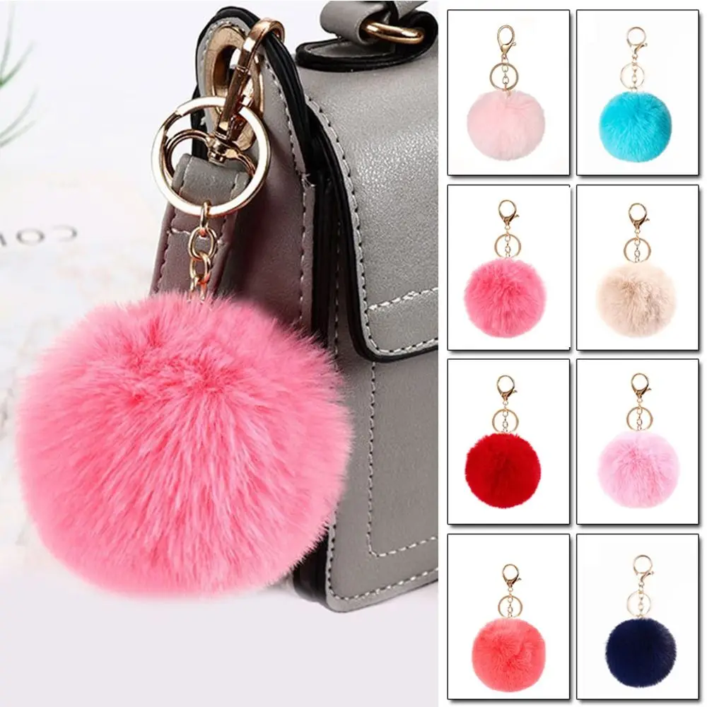 Fashion Imitation Rabbit Fur Plush Ball Pendant 8cm Hanging Decoration Fluffy Ball Keychain Solid Color Car Keyring Woman
