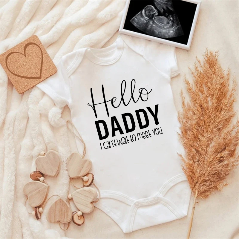 Pregnancy Reveals Hello Daddy I Can't Wait to Meet You Newborn Baby Girl Short Sleeves Jumpsuit Soft Cotton Bodysuit Romper
