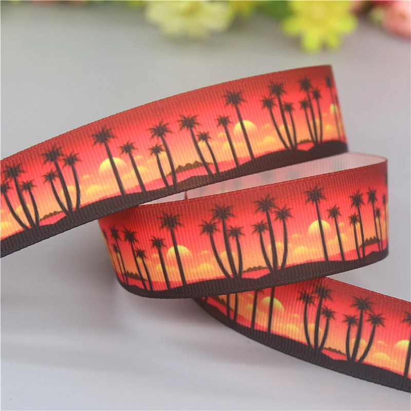 DUWES 50yards Beach Palm Tree Sunset Printed Grosgrain Ribbon Accessories Material Headwear Decoration DIY Sewing Craft D2213