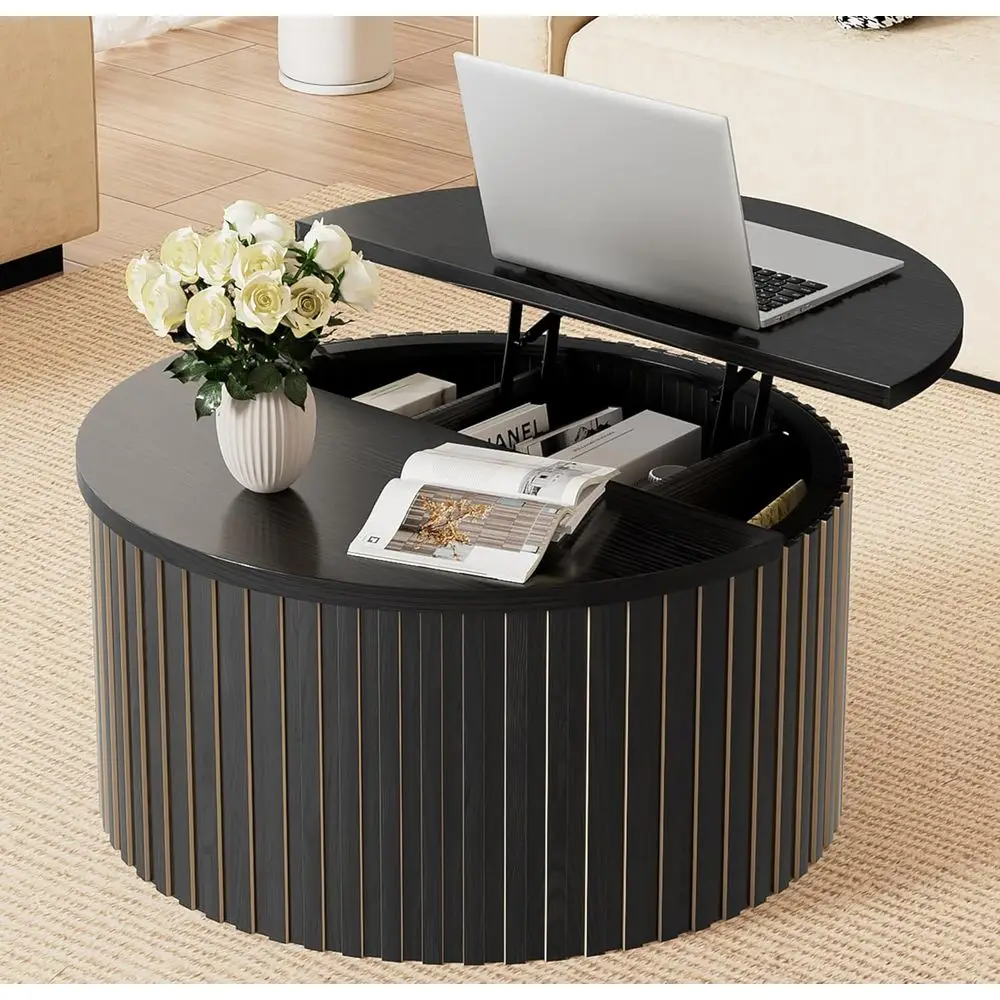 

Luted Top Coffee Table with Storage, 31.5'' Round Coffee Tables or Living Room, Wooden Center Tables with Hidden Compartment for