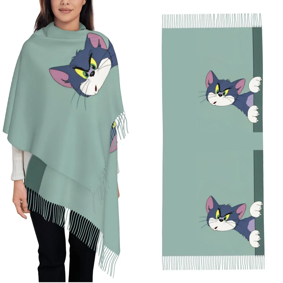 Tom And Jerry Shawl Wrap for Womens Warm Long Soft Scarf Surprised Tom Pashminas Tassel Scarves