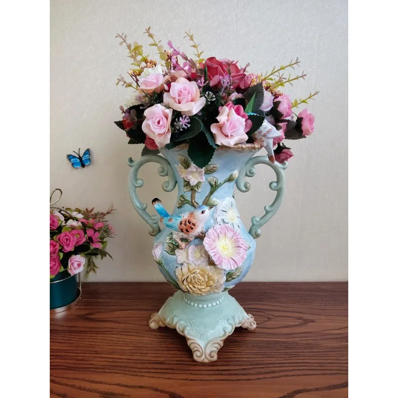 European-style small blue bird ceramic large vase pure hand-painted underglaze ceramic vase home dining table entrance ornament