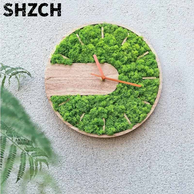 Minimalist Wall Clock with Preserved Moss, Solid Wood Hanging Timepiece for Living Room, Creative Home Decor Accent Piece