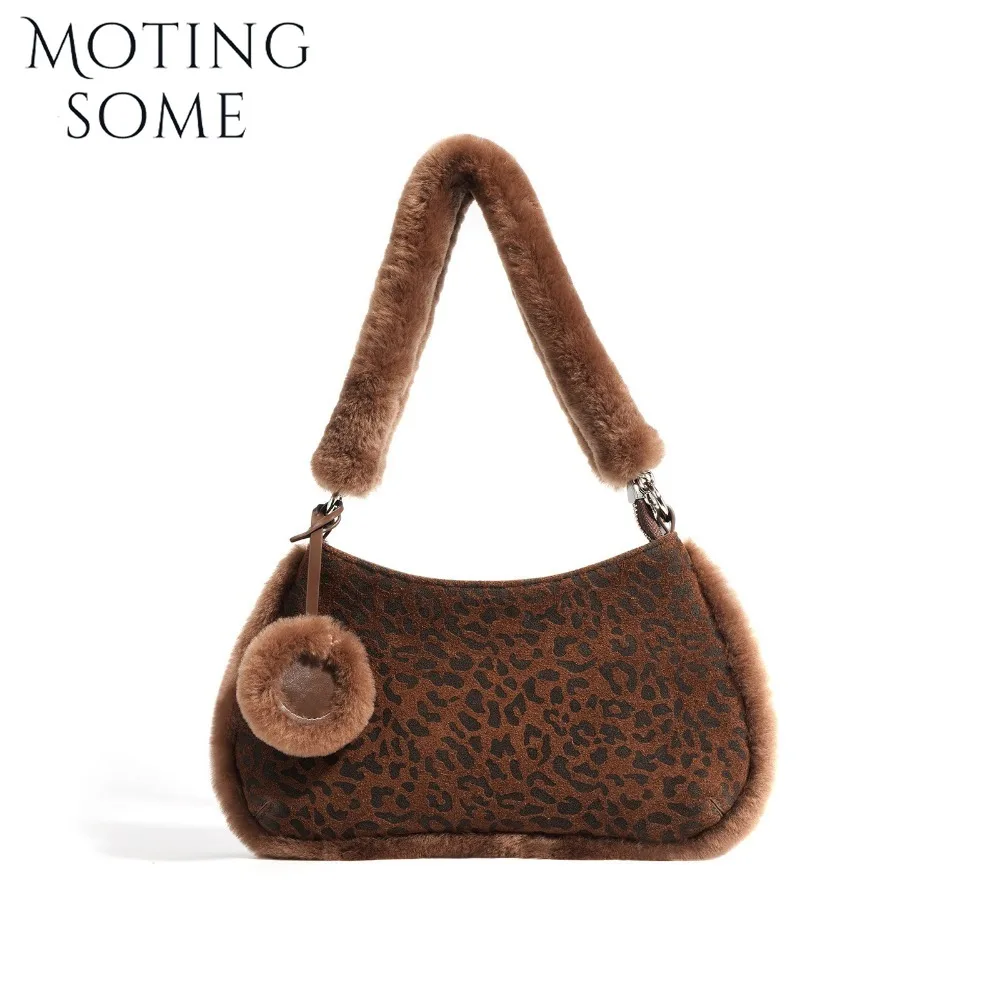 MOTINGSOME Women Vintage Leopard Print Suede Underarm Bag Winter Fluffy Fur Trim Hobo Handbag Shoulder Daily Purse 2026 New in
