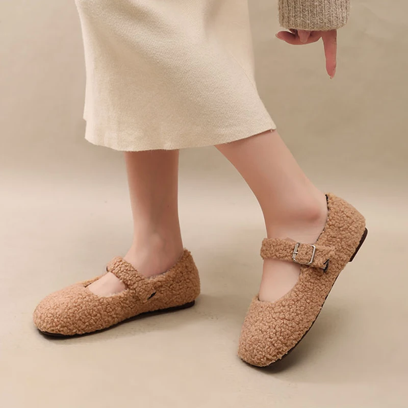 Elegant Square Toe Lambswool Mary Jane Shoes Woman Fashion Teddy Fur Ballet Flats Ladies Winter Warm Plush Loafers in Pink Green