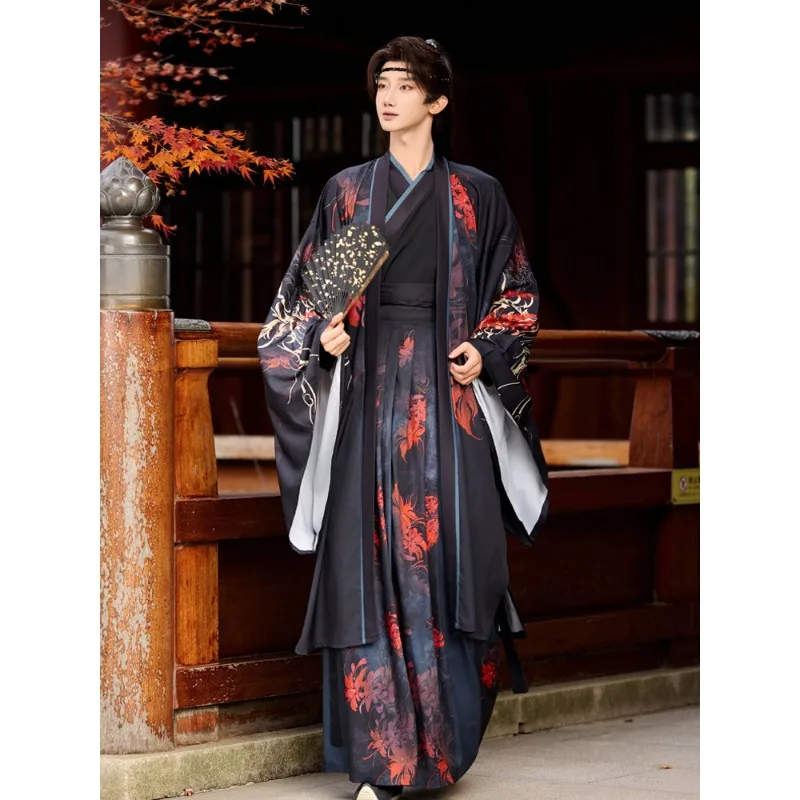 Chinese Wuxia Knight Black Wide Sleeve Hanfu Men Vintage Ancient Robe For Photoshoot Performance