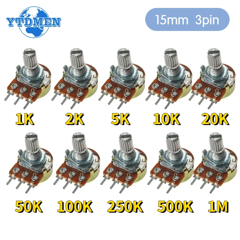 10pcs/lot WH148 Linear Potentiometer 15mm 3pin with Nuts and Washers WH148 B1K B2K B5K B10K B20K B50K B100K B250K B500K B1M