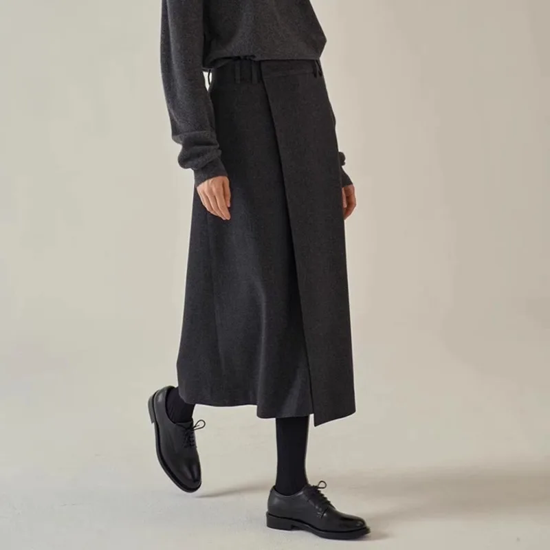 Spódnica damska HKSH Jesień Zima Nowa Kolekcja Asymetryczny Krój Jednolity Kolor Koreańska Elegancka Spódnica Biurowa w Kształcie Litery A z Wełny HK11744