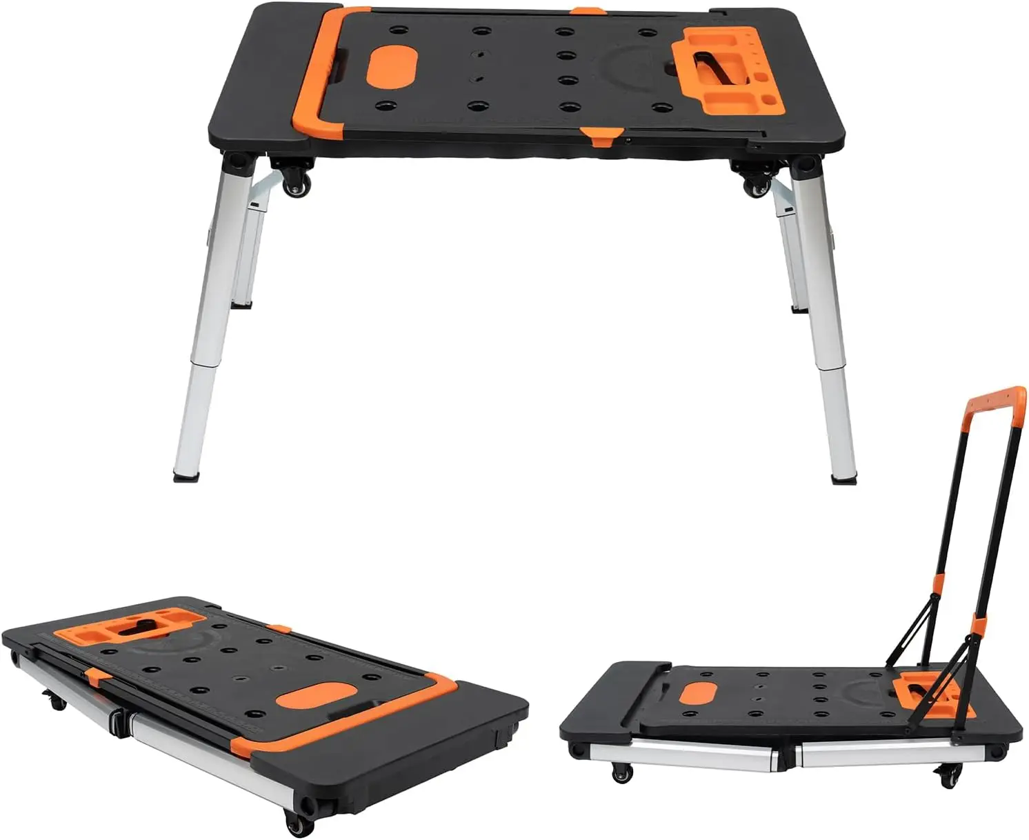 Portable Folding Workbench 551lbs Capacity Adjustable Height Table Scaffold Sawhorse Dolly Hand Truck Tray 4 Wheels