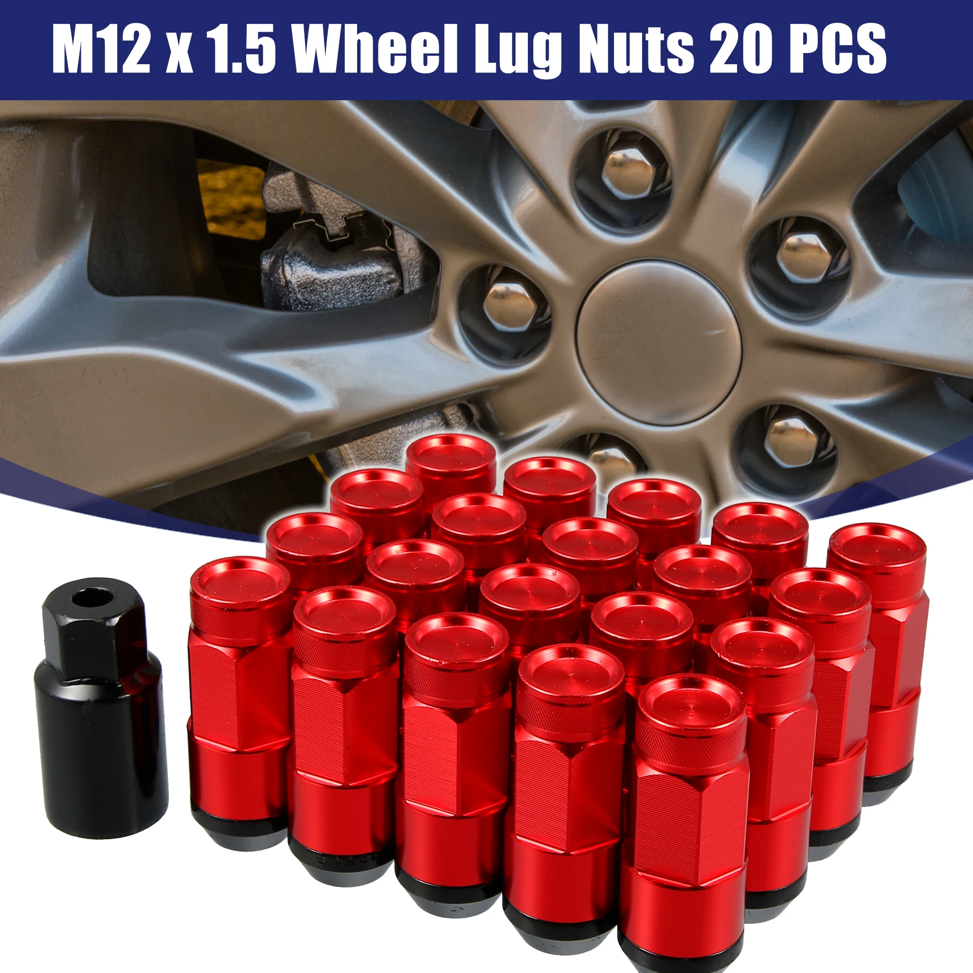 UXCELL 1 Set M12x1.5 Vehicle Wheel Heptagon Lug Nut 54mm Screws with Socket Key Red