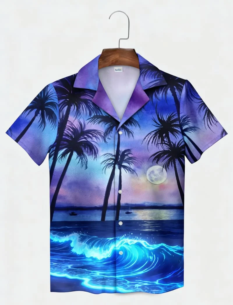 Men's tropical palm and sunset night print short-sleeved shirt, , perfect for summer beach parties and casual looks