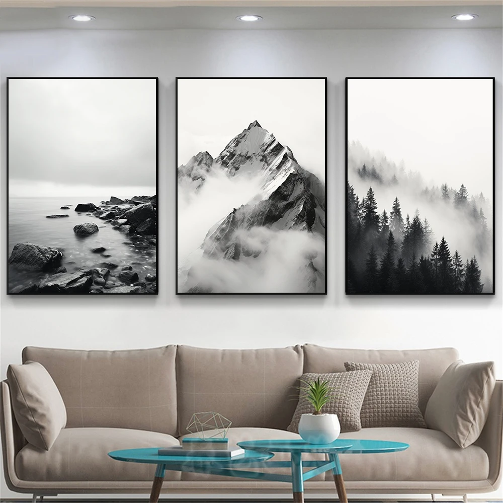 Abstract Mountain Wall Art Landscape Poster Black and White Beach Wave Prints Watercolor Mountain Wall Art Canvas Painting Decor