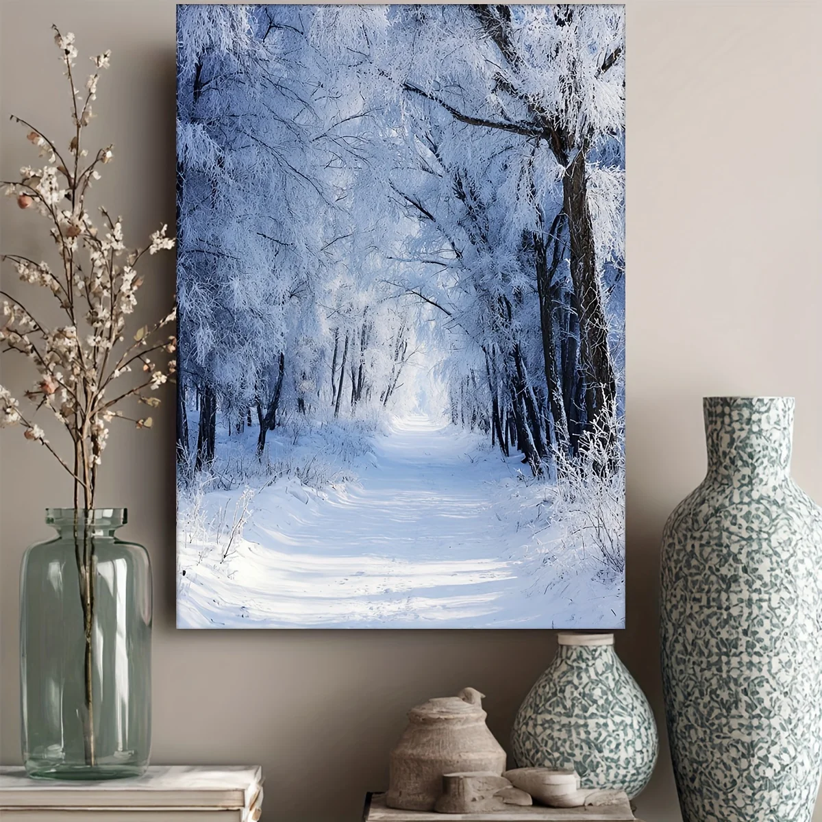 (No frame)1pc Winter Forest Canvas Wall Art with Frame - 12x16 Inch Large Snowy Trees Painting in Blue & White, Modern Minima