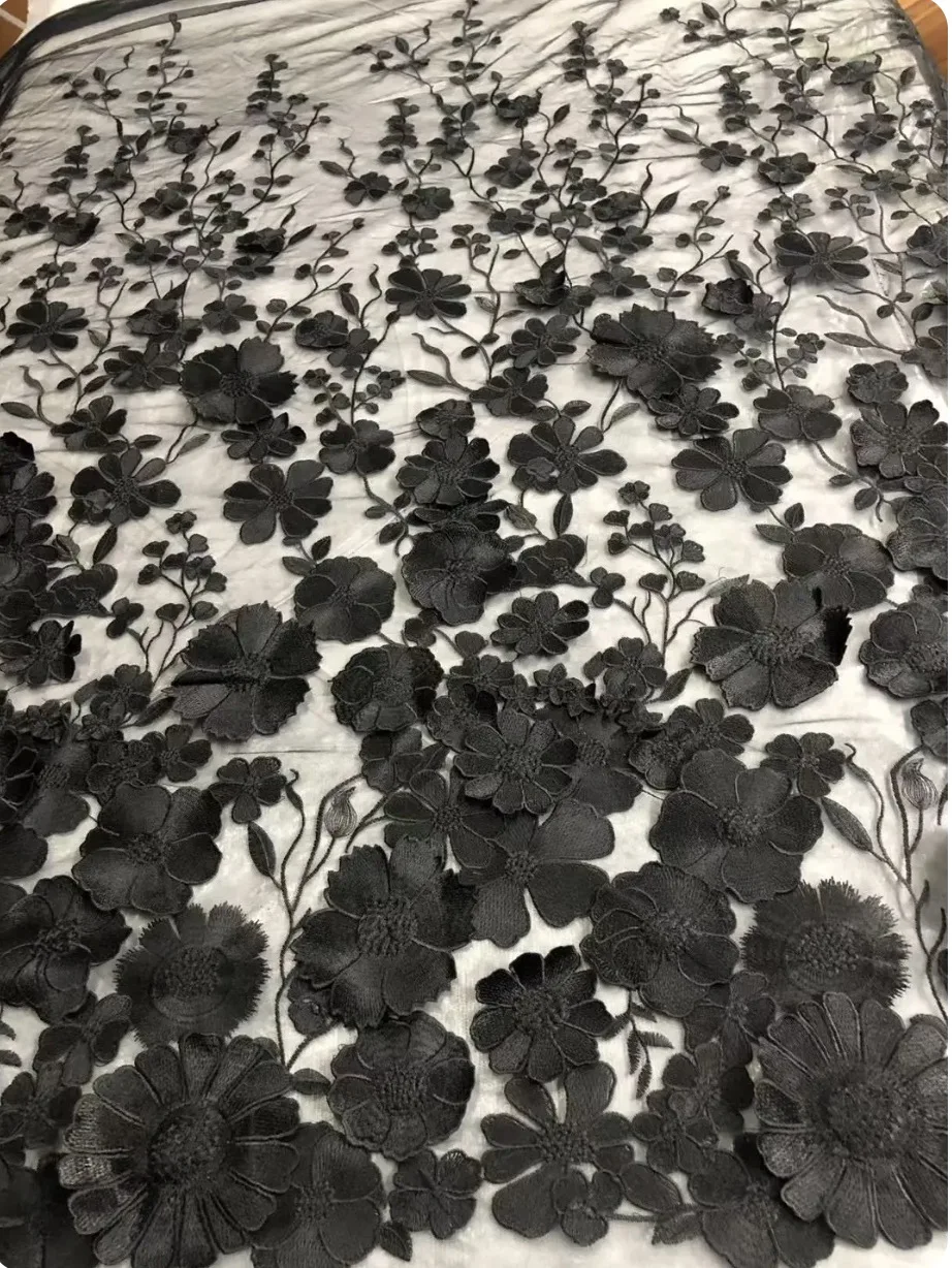 Black flower lace fabric bridal wedding gown dress lace fabric 130cm width lace sell by yard