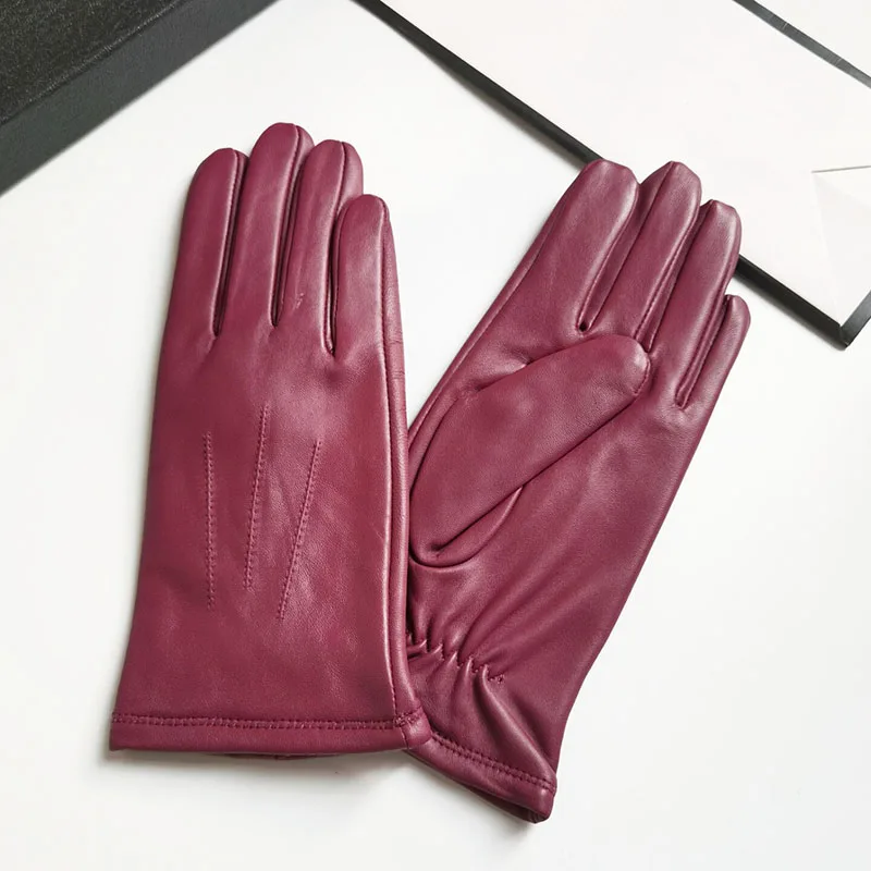 Women\'s sheepskin gloves winter warmth plus velvet touch screen driving female solid color leather gloves new high-end