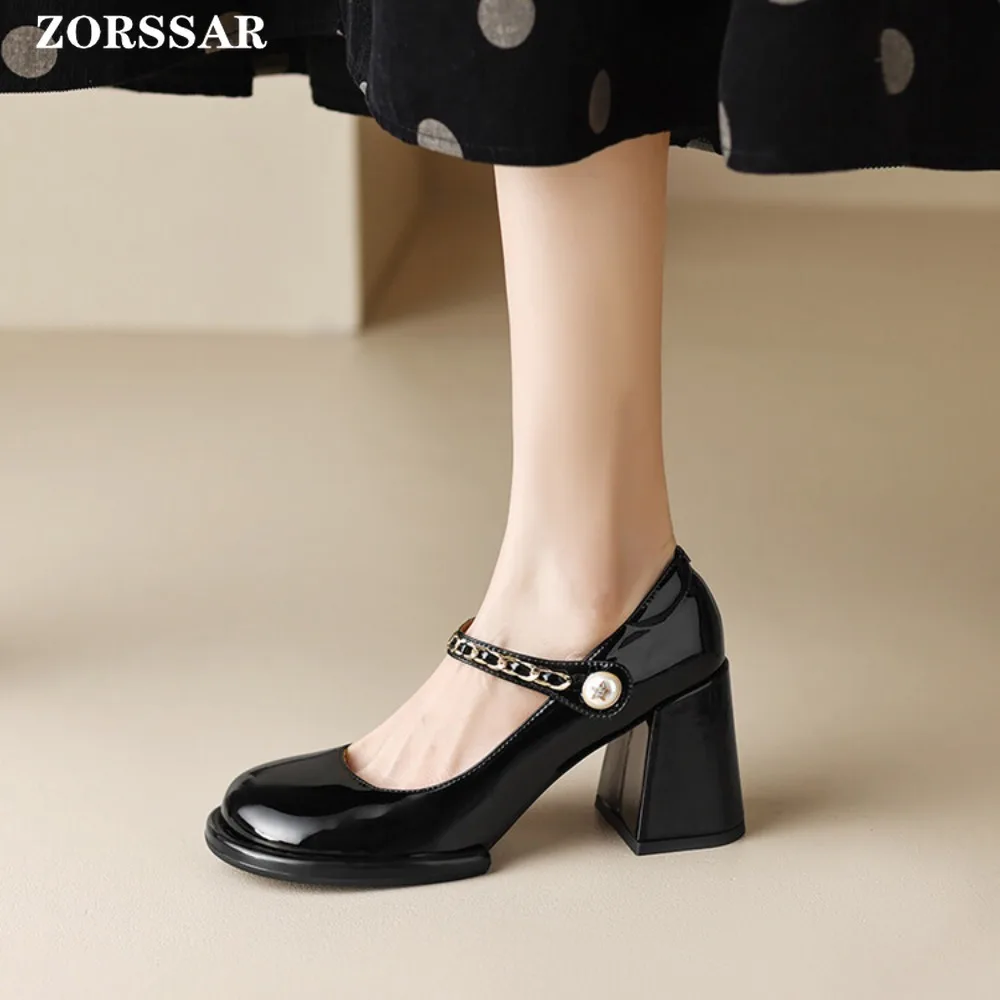 Red Mary Jane Women Pumps Thick High Heels Shoes Female Lolita Square Toe Shoes Spring Fashion Party Leather Woman Shoes New