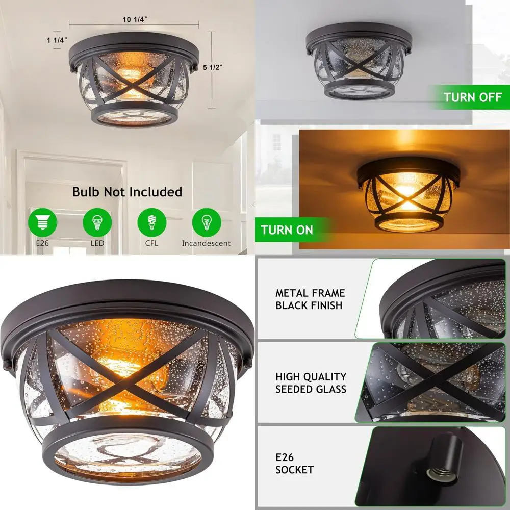 

Industrial Style 2-Light Flush Mount Ceiling Fixture with Seeded Glass Shade for Modern Farmhouse Hallways, Kitchens, and Entryw