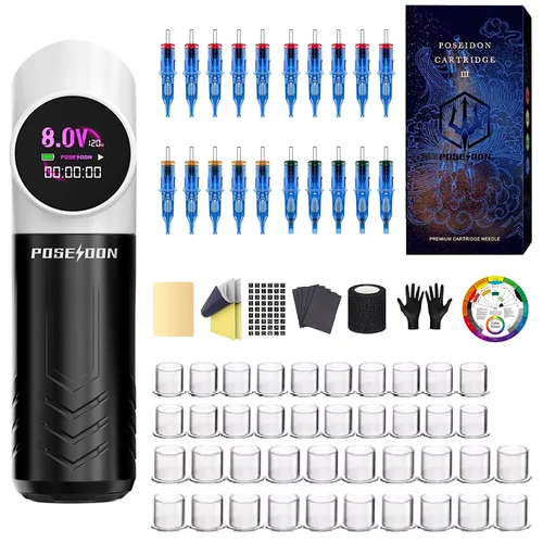 Imagen 2 del producto Kit de tatuaje POSEIDON Panda, Kit de pluma de tatuaje para maquillaje permanente, Kit de máquina de tatuaje, fuente de alimentación inalámbrica para tatuaje, Kit de tatuaje