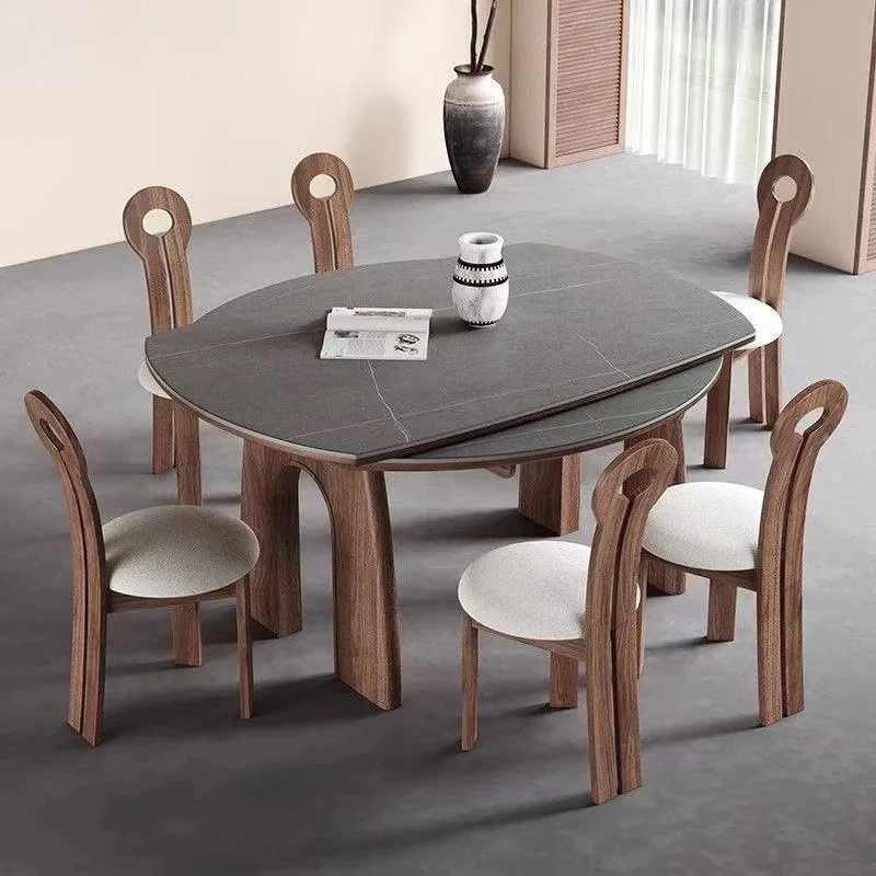 

French retro style retractable round slate dining table and chairs small apartment dining room home folding