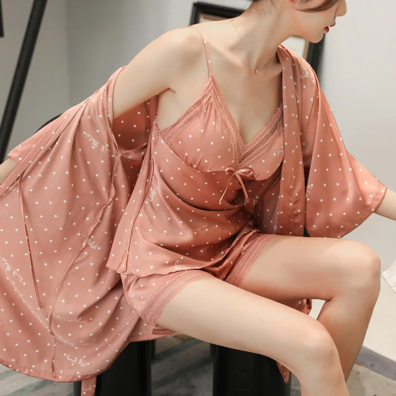 Women\'s 4 pcs set Pajamas Sexy Top shorts with Lace Satin Summer homewear Nightgown Robes Pants Loungewear