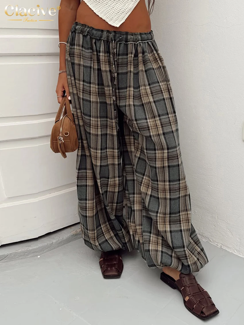 

Clacive Fashion Loose Plaid Women's Pants 2026 Vintage High Waist Wide Trousers Elegant Classic Pants Female Clothing Streetwear