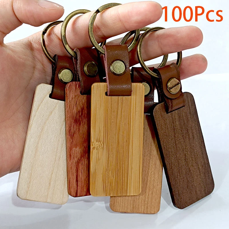 100Pcs Retractable Leather And Wooden Key Chain Blank Metal Wood Keychain