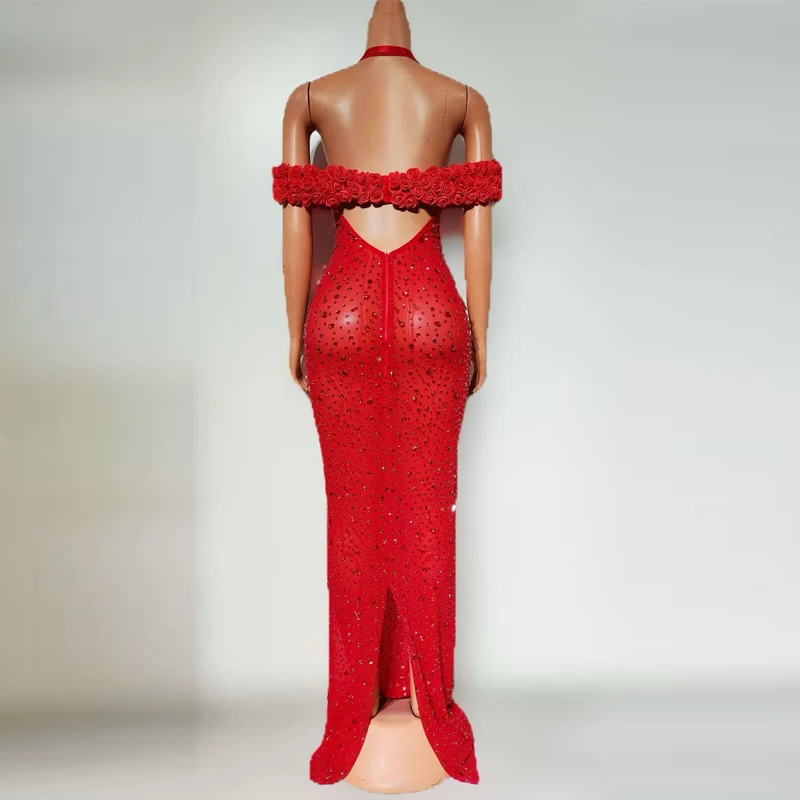 Rot Weiß Strass Abendkleider Frauen Party Jazz Dance Kostüm Feiern Bar Nachtclub Bühne Leistung Tragen XS9647