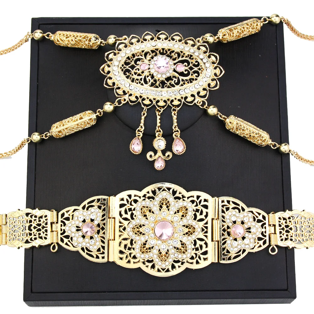 Sunspicems Algeria Waist Belt Chest Chain for Women Gold Color Morocco Bride Jewelry Sets Women Dress Caftan Belt Body Chain