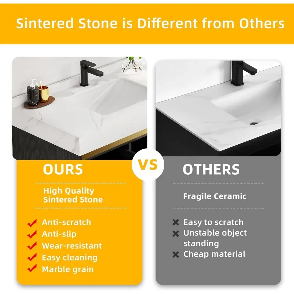 Floating Vanity with Sintered Stone with Ceramic Sink Included 2 Drawers and Shelves, Floating Vanity