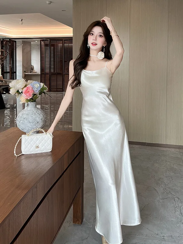 Ele Summer New Silk Satin Strap Dr Women's High Waist Fairy Skirt Sle No Sve mid Length Pure Color Evening Gown