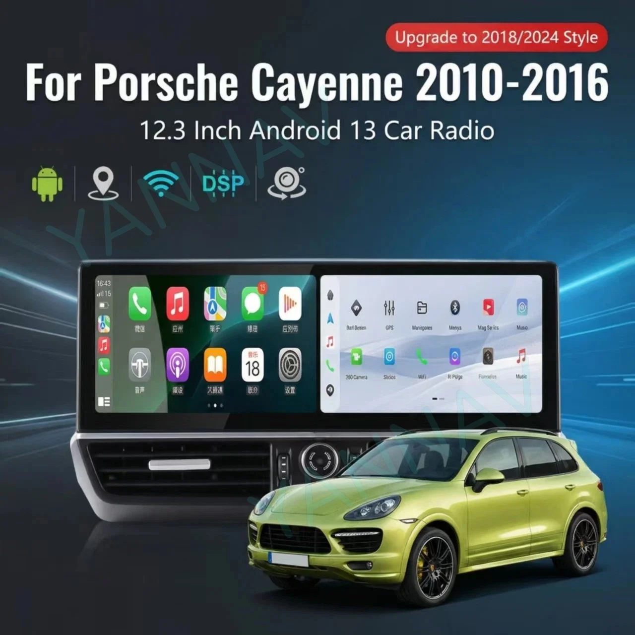 

12.3-дюймовый сенсорный экран для Porsche Cayenne 2010-2016, GPS-навигация, мультимедиа, автомобильная стереосистема, Android, беспроводной CarPlay