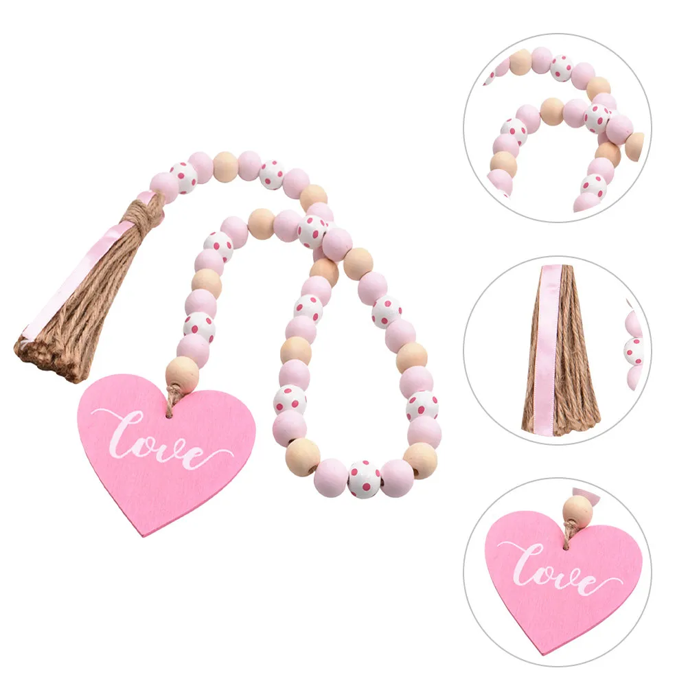 2Pcs Wooden Beaded Heart Garland Tassel Hanging Valentine's Day Bead String Decor Home Decorations Wall Decor Valentine Party