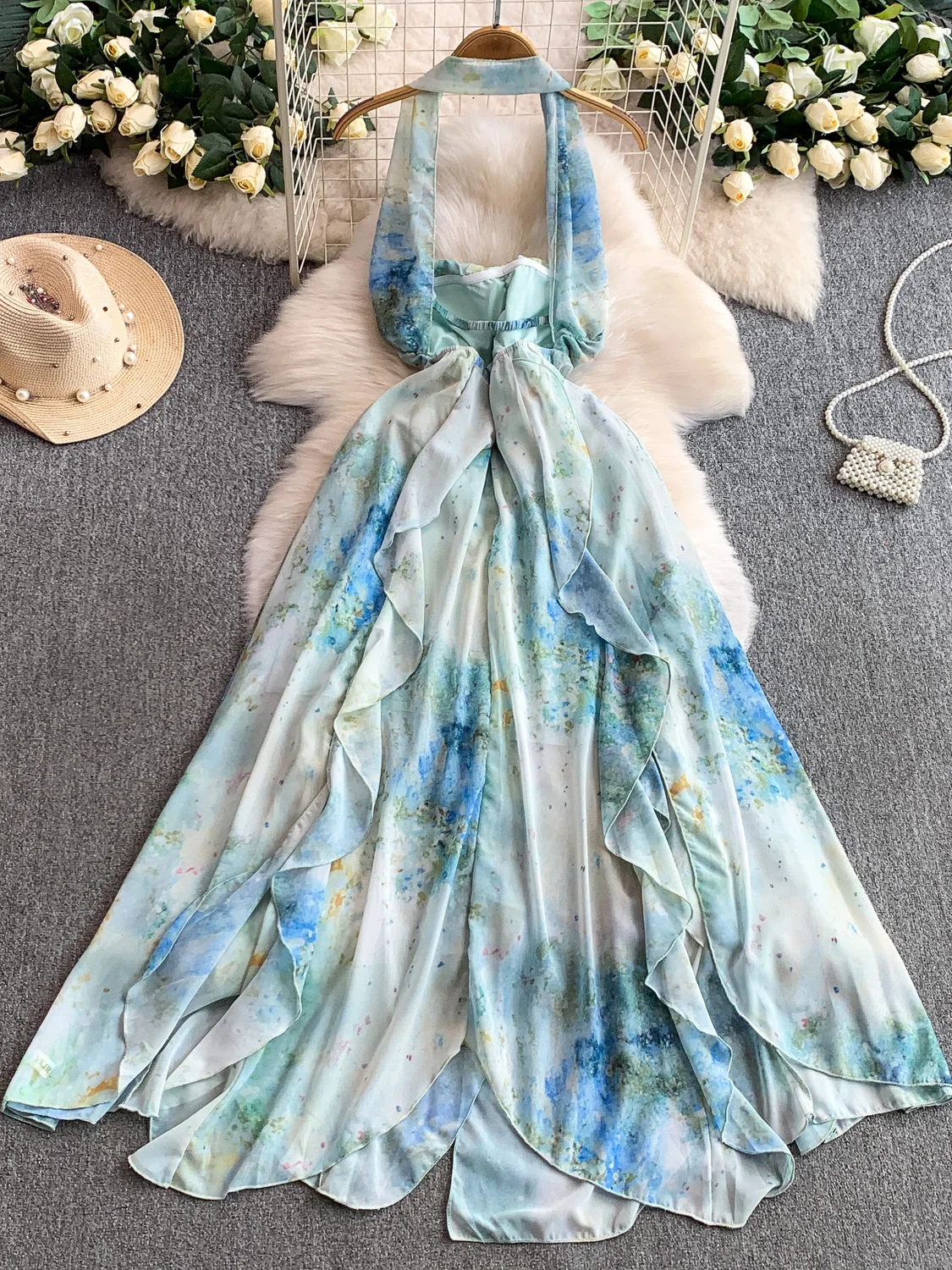 Sexy Bal Ne Hanging Long Dr Autunno da donna Bella scena fotografica Riduzione dell'età Gonna Gored con stampa floreale Dr