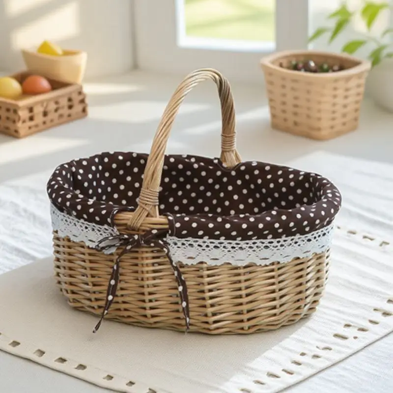 

Handmade Wicker Storage Basket Smooth Modern Minimalist Style Coffee Color Fabric with White Dots S Size Fruit Food Snack Bread