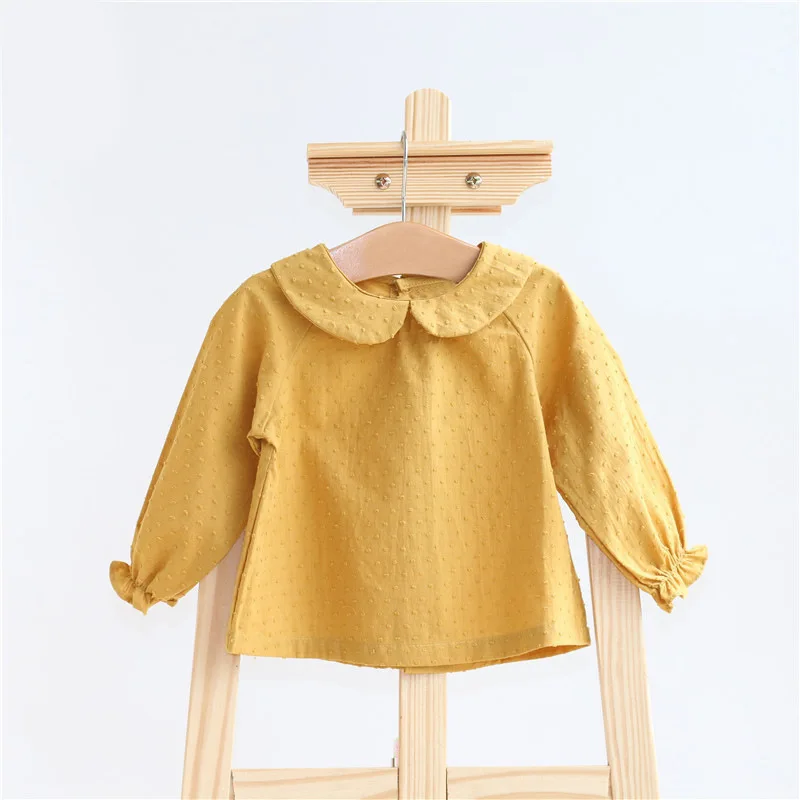 0-3t Spring New Infant Blouses Baby Girl Solid Puff Sleeve Shirts Cotton Infant Long Sleeve T Shirts Toddler Casual Lapel Tops